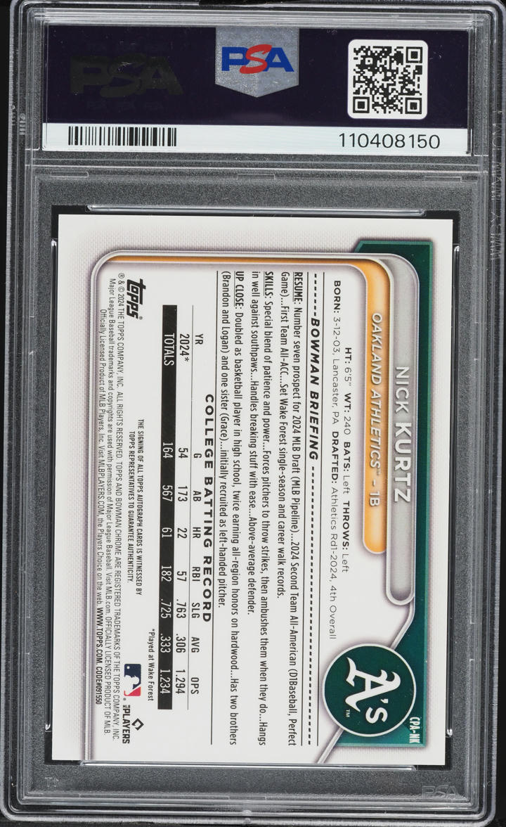 2024 Bowman Chrome Draft Sapphire Edition Nick Kurtz AUTO /199 #CPANK PSA 10 GEM MINT
