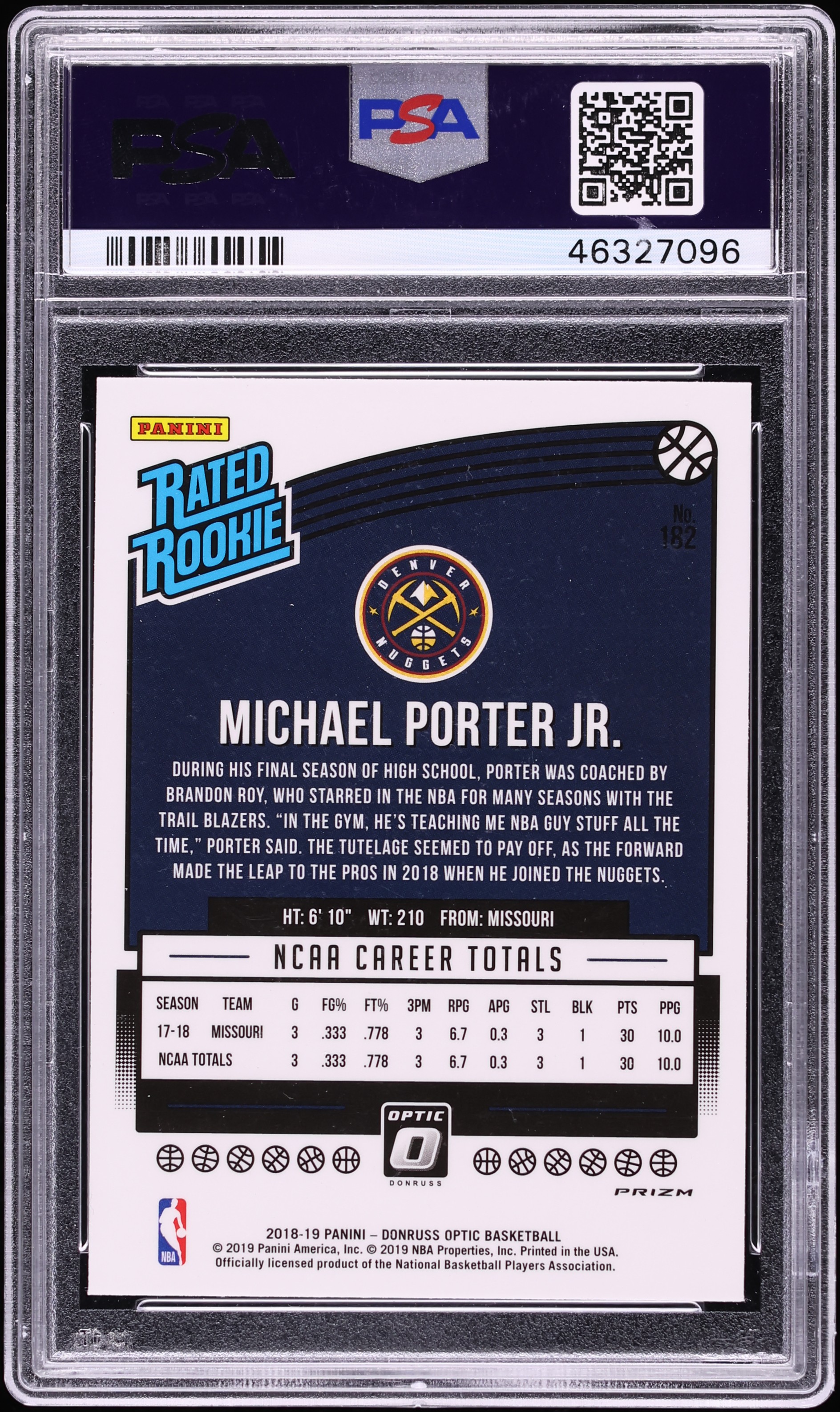 2018 Donruss Optic Holo Michael Porter Jr. ROOKIE #182 PSA 10 GEM
