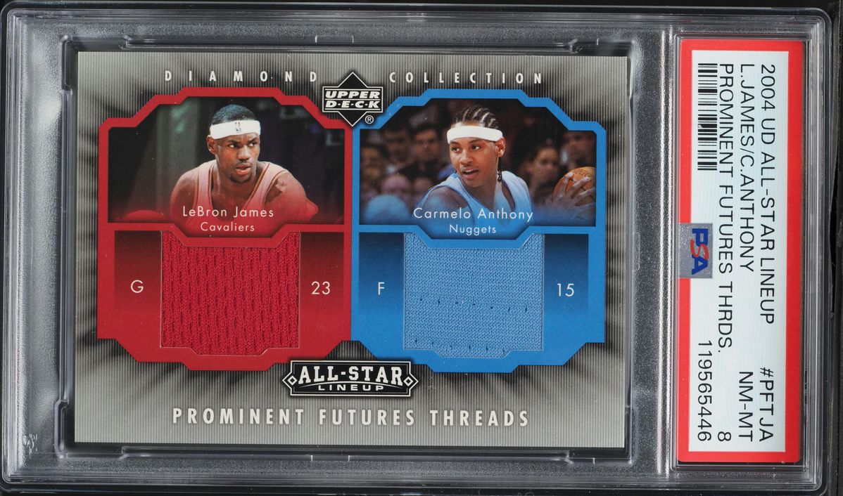 2004 Upper Deck All-Star Lineup LeBron James Carmelo Anthony GAME-USED PATCH #PFTJA PSA 8 NM-MT