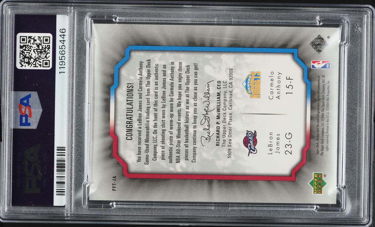 2004 Upper Deck All-Star Lineup LeBron James Carmelo Anthony GAME-USED PATCH #PFTJA PSA 8 NM-MT