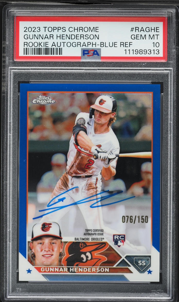 2023 Topps Chrome Blue Refractor Gunnar Henderson ROOKIE AUTO /150 #RA-GHE PSA 10 GEM MINT