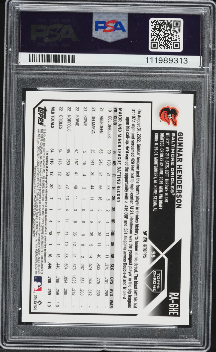 2023 Topps Chrome Blue Refractor Gunnar Henderson ROOKIE AUTO /150 #RA-GHE PSA 10 GEM MINT