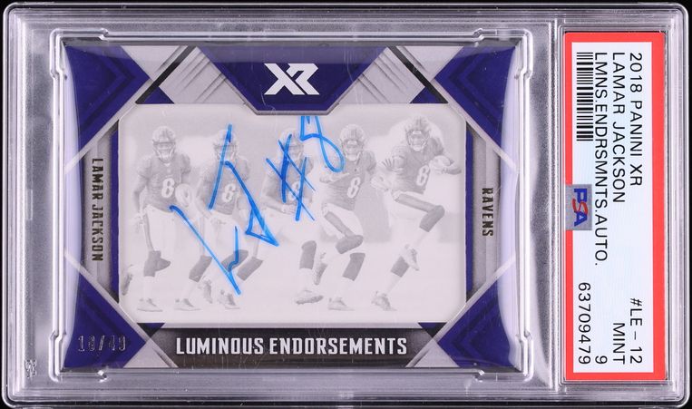2018 Panini XR Luminous Endorsements Lamar Jackson ROOKIE AUTO /49 #LE-12 PSA 9 MINT
