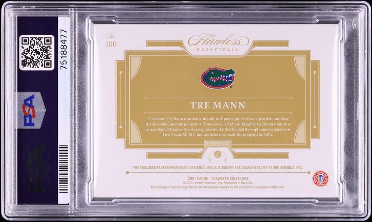 2021 Panini Flawless Collegiate Gold Tre Mann ROOKIE PATCH AUTO DNA 10 /10 #100 PSA 10 GEM MINT