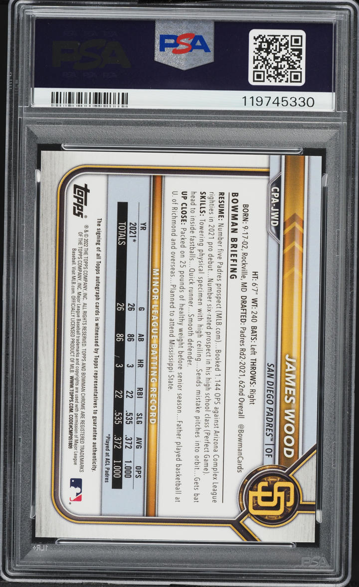 2022 Bowman Chrome Speckle Refractor James Wood PROSPECT AUTO /299 #CPAJWD PSA 10 GEM MINT