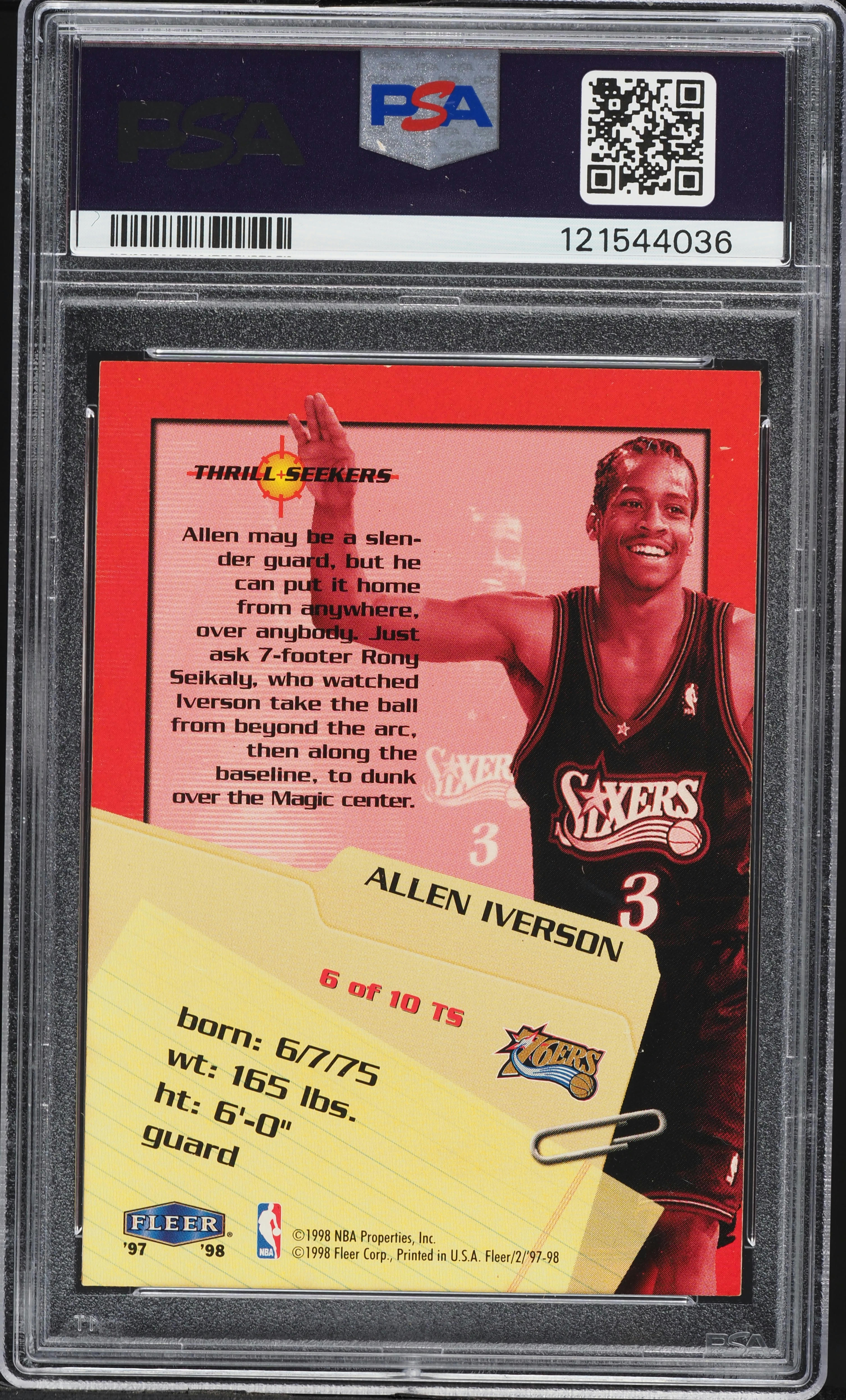 1997 Fleer Thrill Seekers Allen Iverson #6 PSA 9 MINT on Fanatics