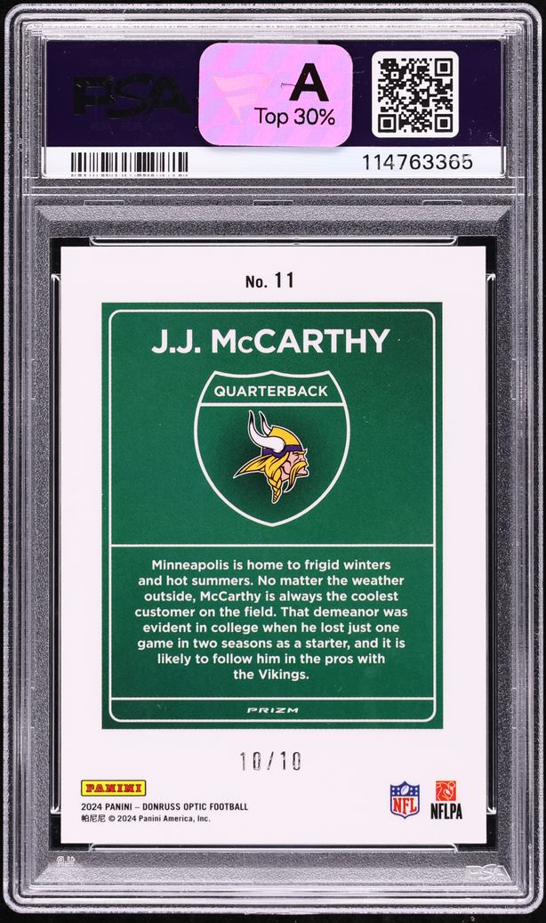 2024 Donruss Optic Downtown Gold J.J. McCarthy ROOKIE 10/10 #11 PSA 9 MINT