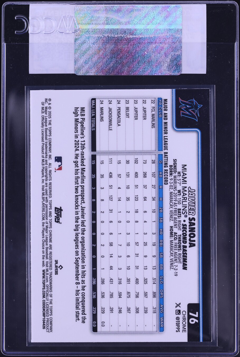 2025 Topps Chrome Javier Sanoja ROOKIE #76 CGC AUTH