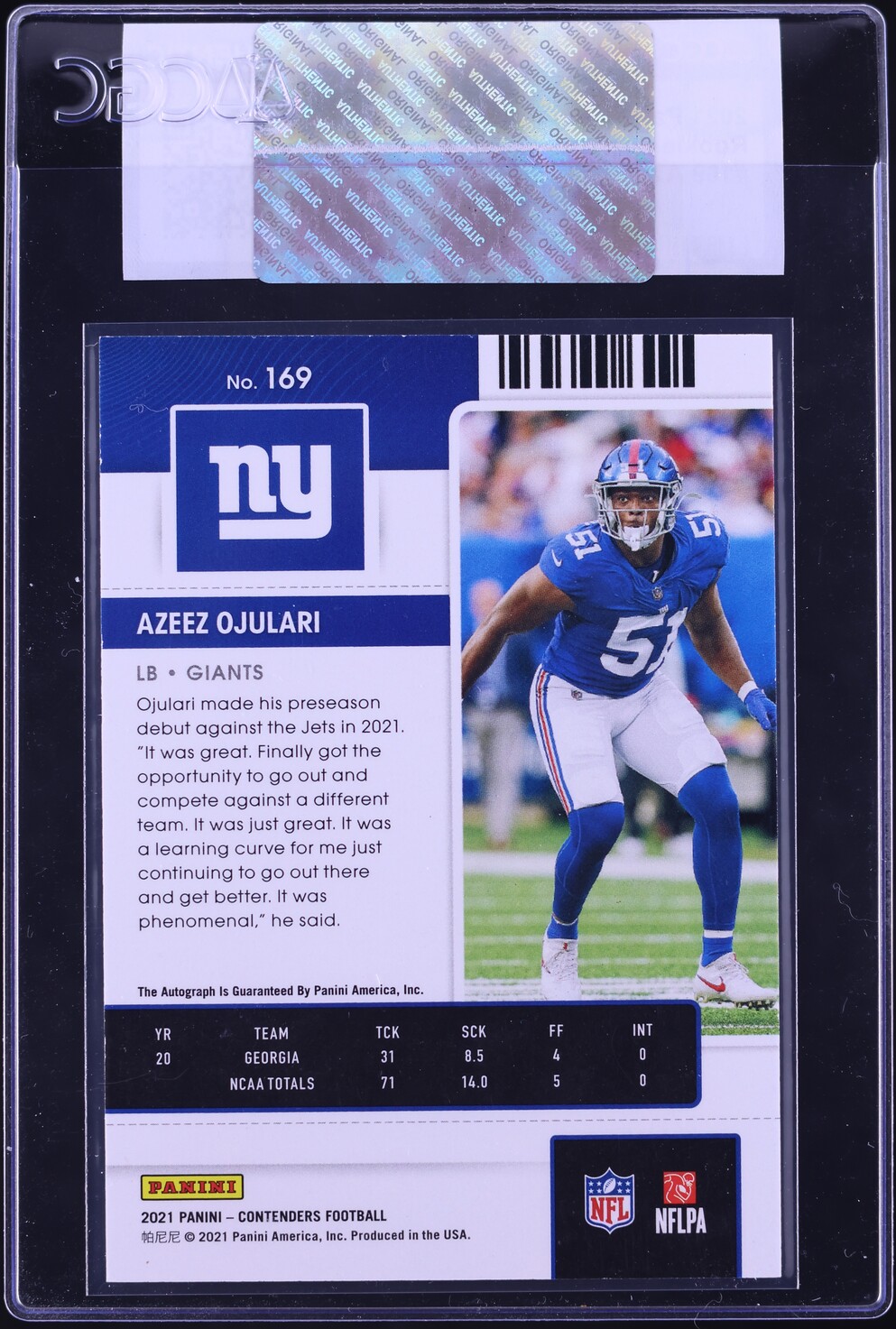 2021 Panini Contenders Ticket Azeez Ojulari ROOKIE AUTO #169 CGC