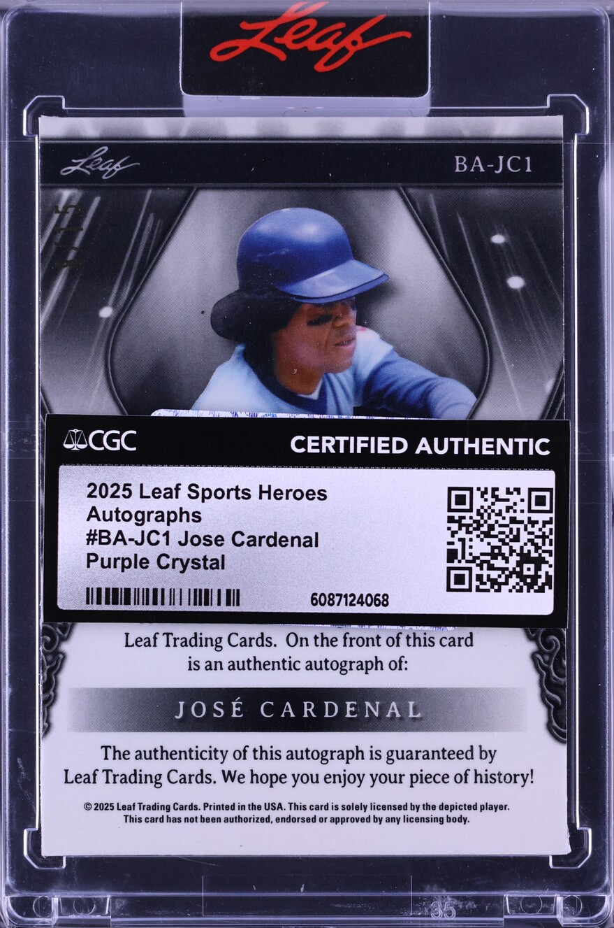 2025 Leaf Sports Heroes Purple Crystal Jose Cardenal AUTO /15 #BA-JC1 CGC AUTH