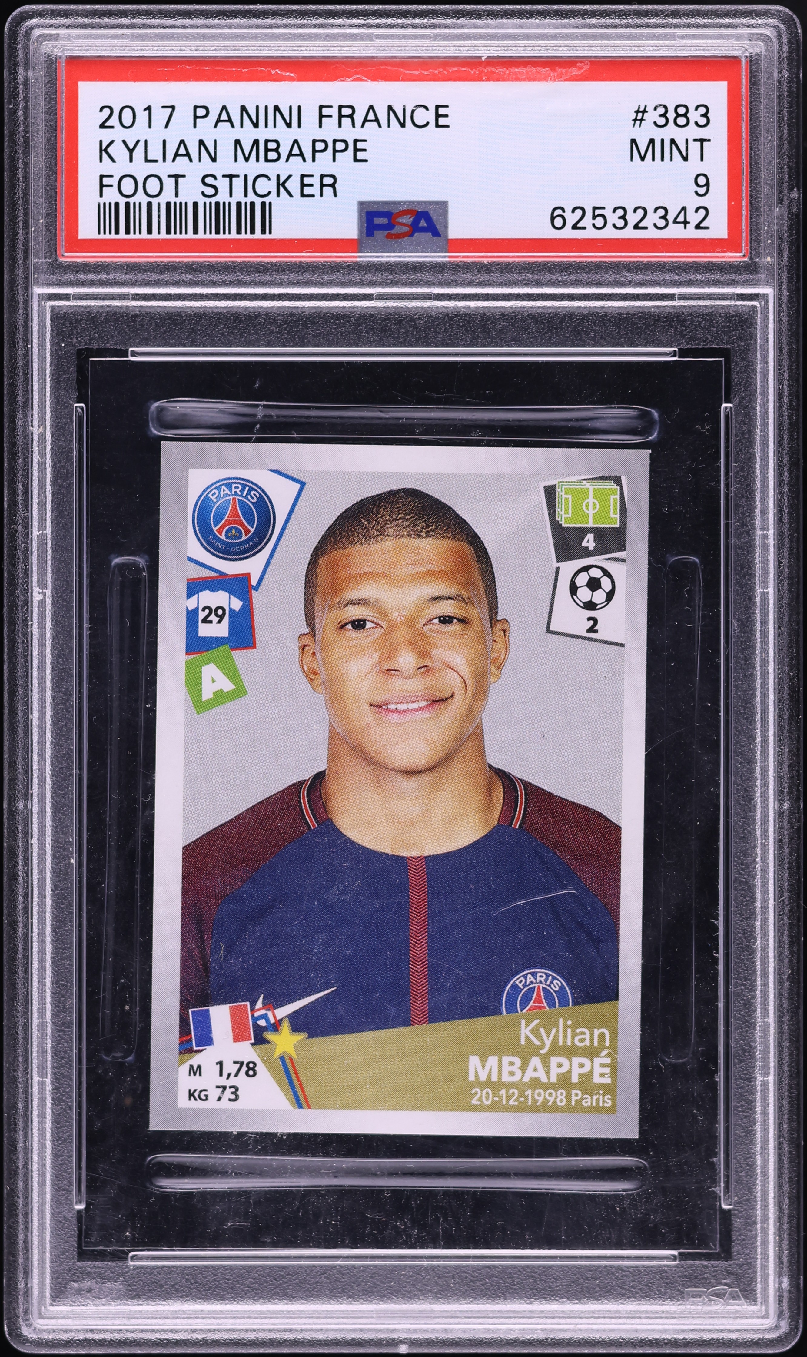 2017 Panini France Foot Sticker Kylian Mbappe ROOKIE #383 PSA 9