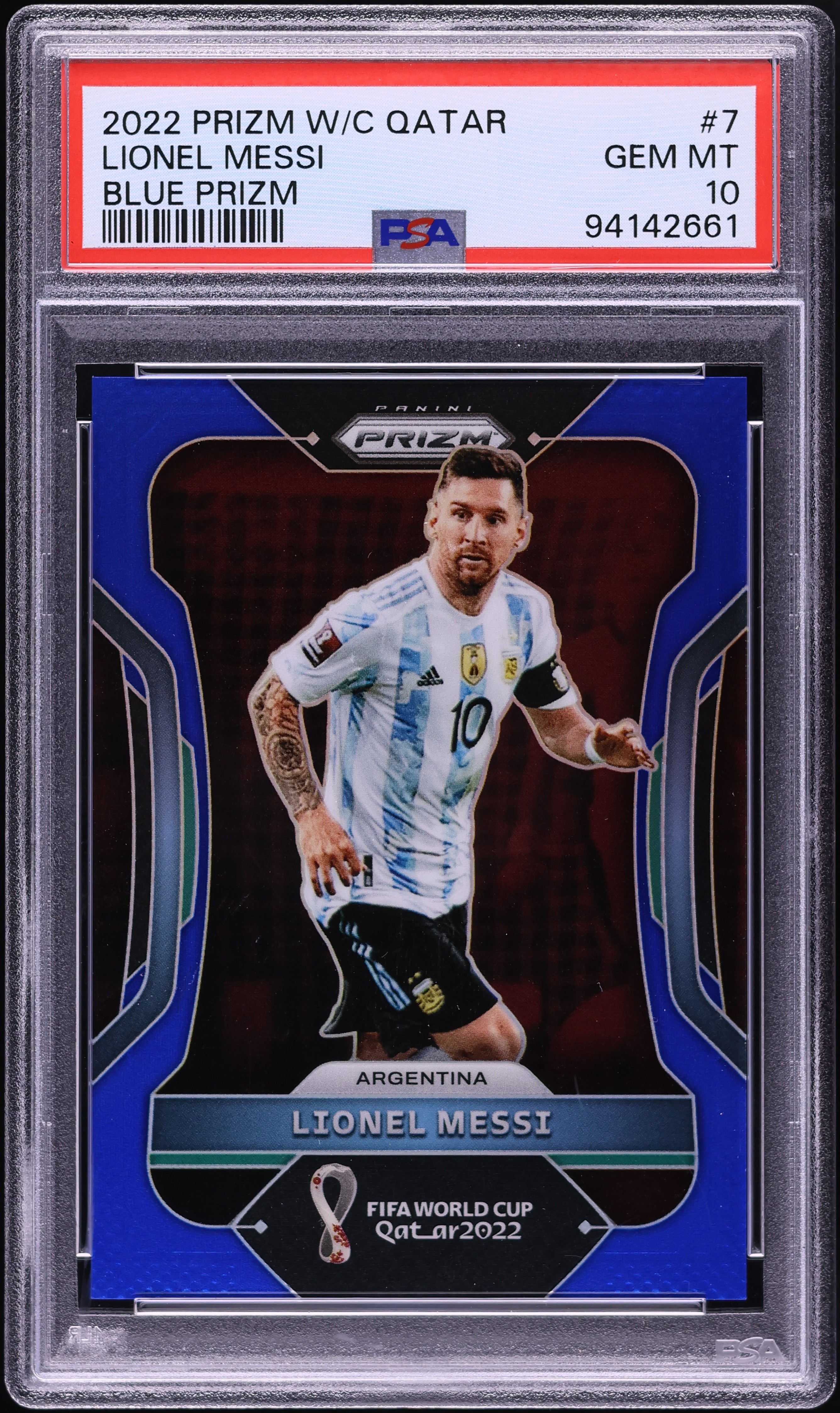 2022 Panini Prizm World Cup Qatar Blue Lionel Messi /299 #7 PSA 10