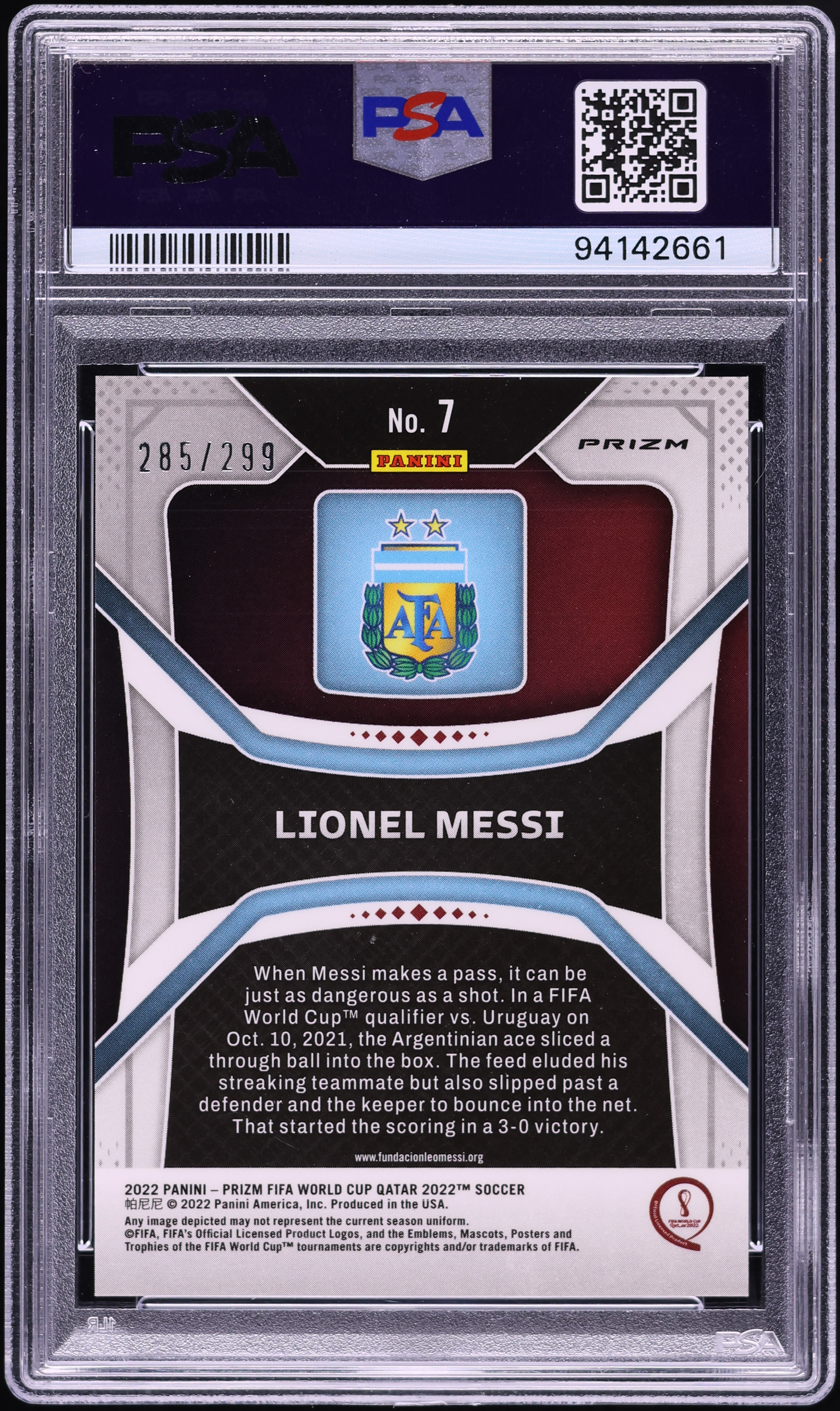 2022 Panini Prizm World Cup Qatar Blue Lionel Messi /299 #7 PSA 10