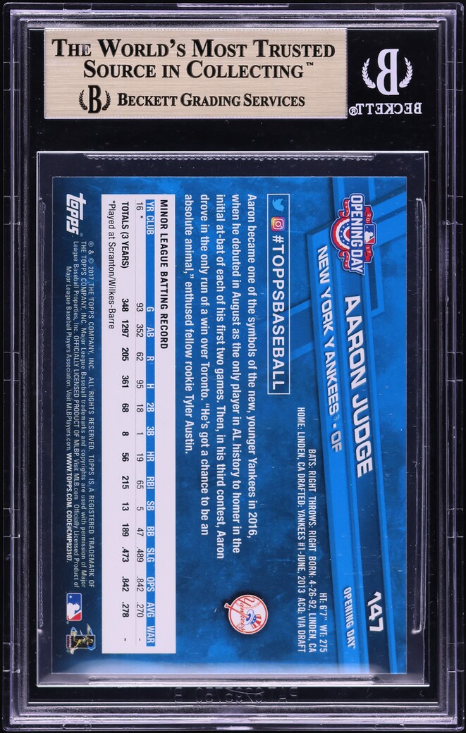 2017 Topps Opening Day With Bat SP Aaron Judge ROOKIE #147B BGS 9.5 MINT+