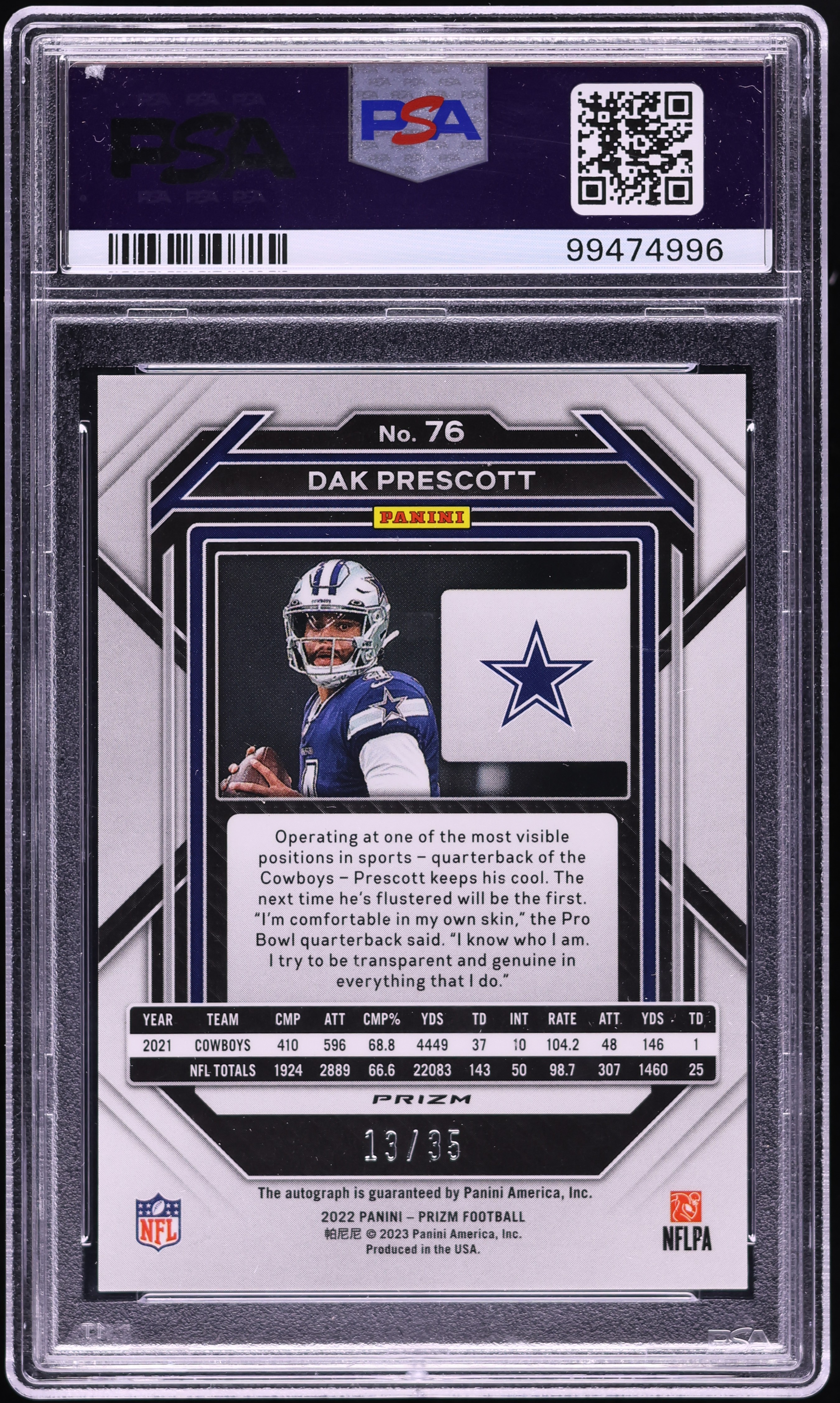 2022 Panini Prizm Red Shimmer Dak Prescott AUTO /35 #76 PSA 10 GEM