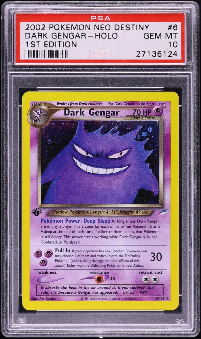 dark gengar pokemon card Neo Destiny Unlimited Holo 6/105 PSA 9 its spectral design and holographic shimmer making it a standout piece from the final set of the Neo Series 2002 Pokemon Neo Destiny 1st