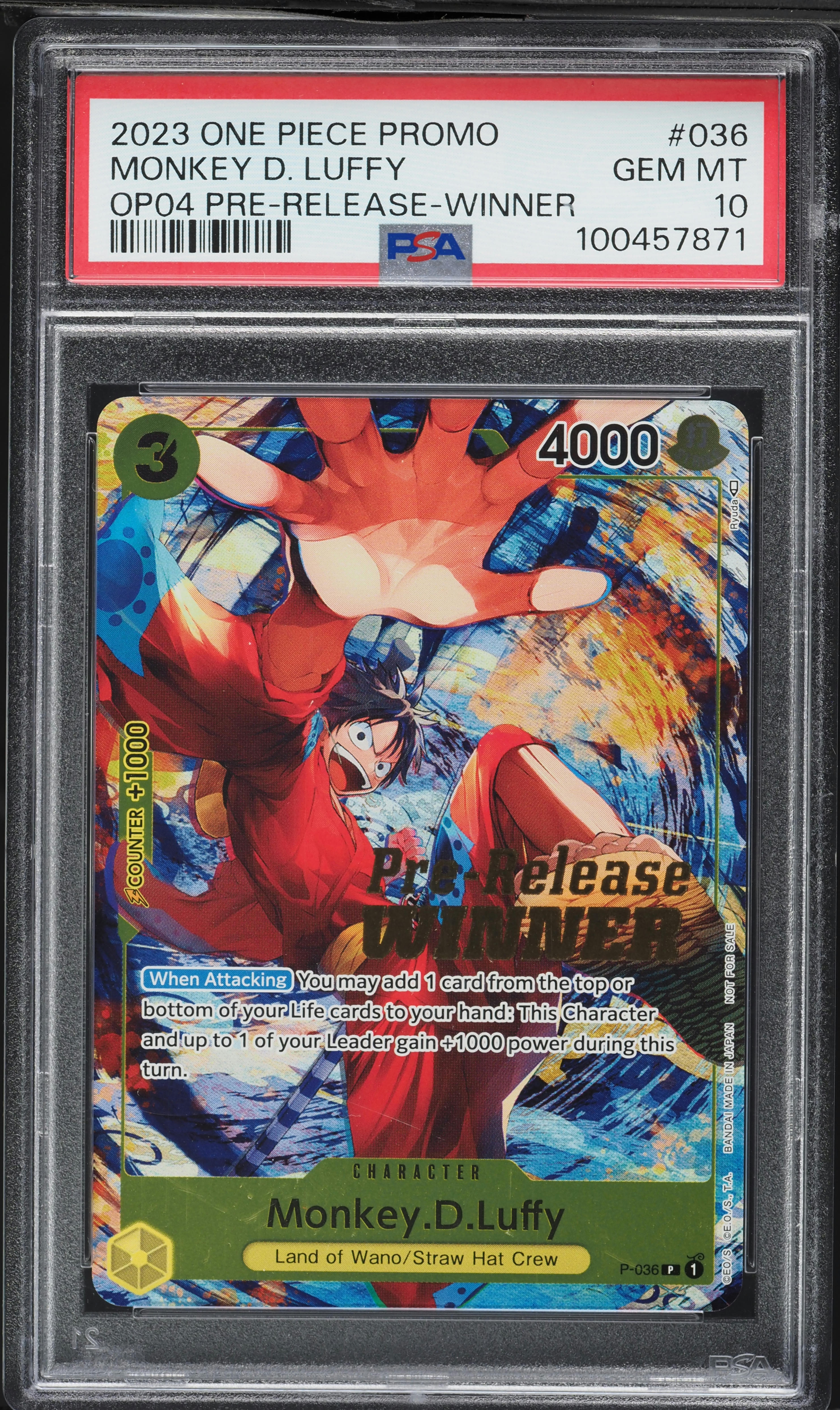 2023 One Piece Promo Pre Release Winner Monkey D. Luffy #P-036 PSA