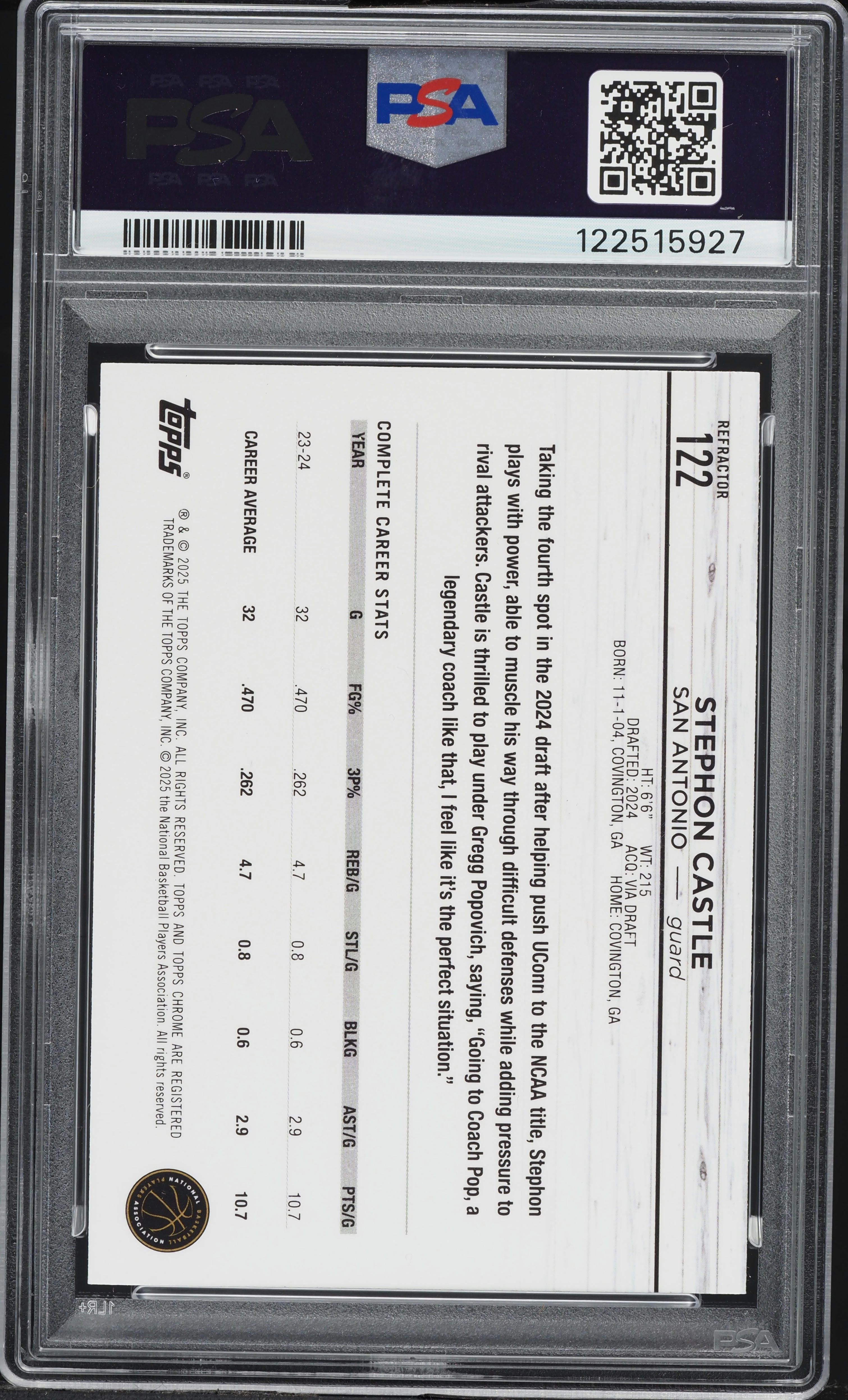 2024 Topps Chrome Refractor Stephon Castle ROOKIE #122 PSA 9 MINT