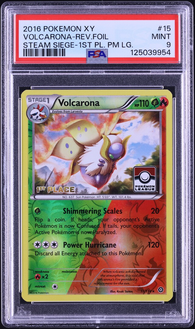 2016 Pokemon XY Steam Siege League 1st Place Reverse Holo Volcarona #15 PSA 9 MINT