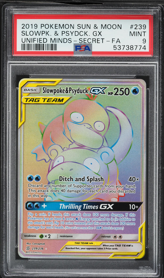 2019 Pokemon Sun & Moon Unified Minds Rainbow Rare Slowpoke & Psyduck GX #239 PSA 9 MINT