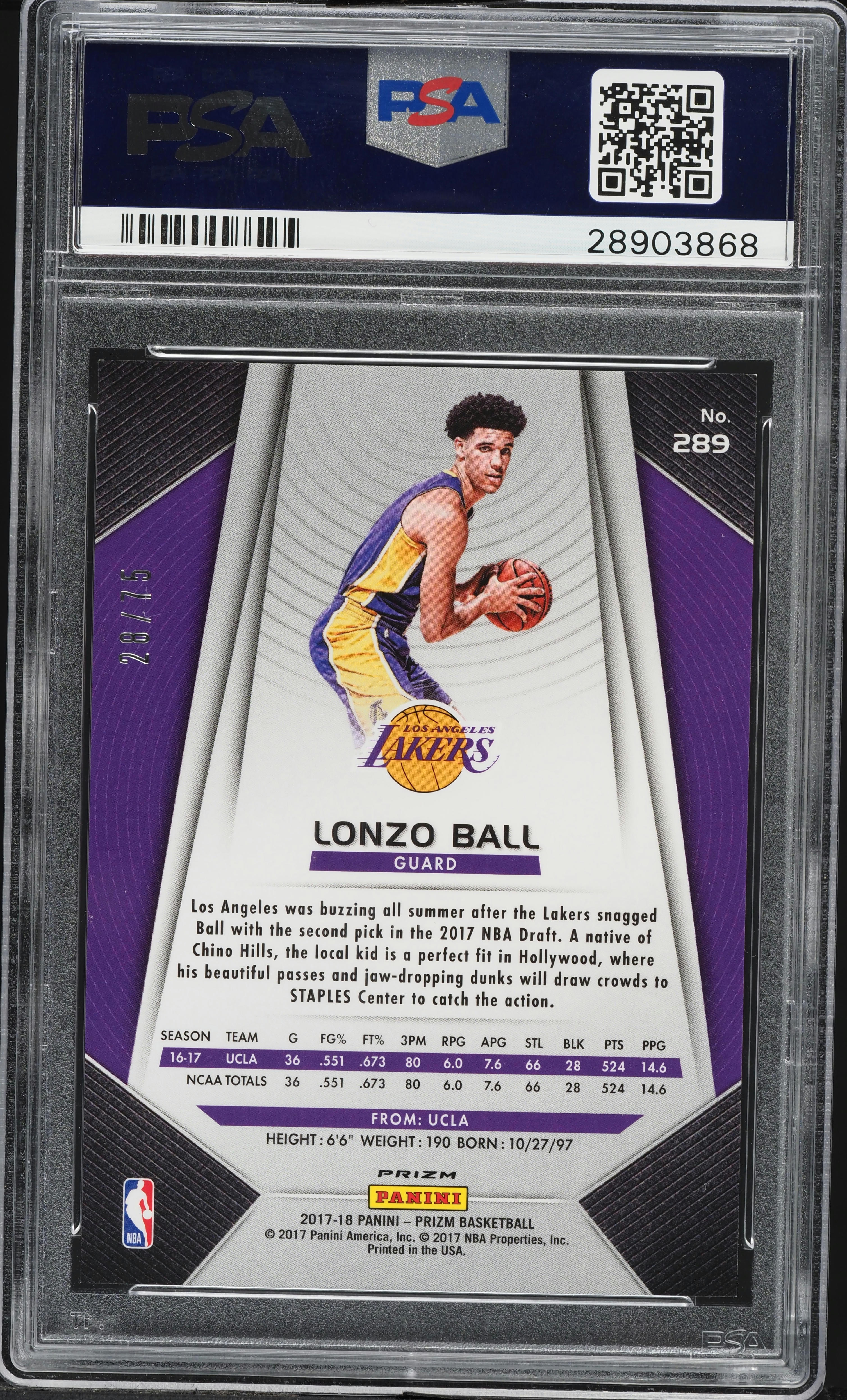 2017 Panini Prizm Purple Lonzo Ball ROOKIE /75 #289 PSA 10 GEM