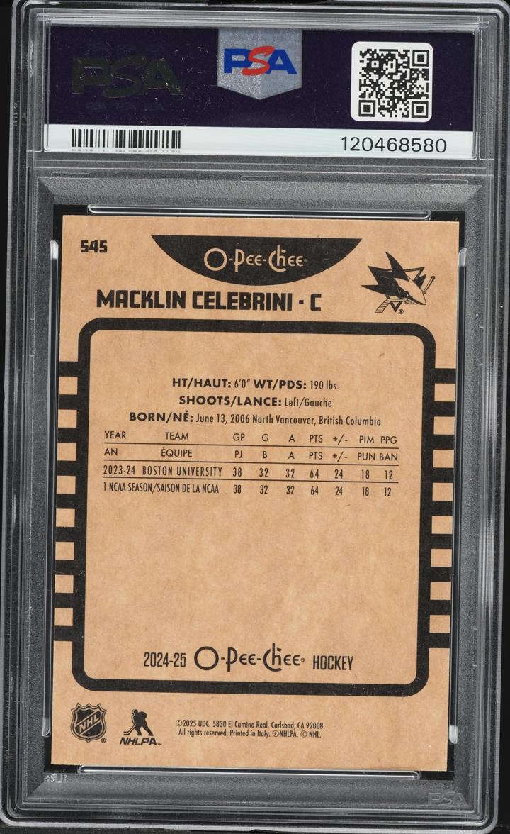 2024  O-Pee-Chee Retro Macklin Celebrini ROOKIE #545 PSA 10 GEM MINT