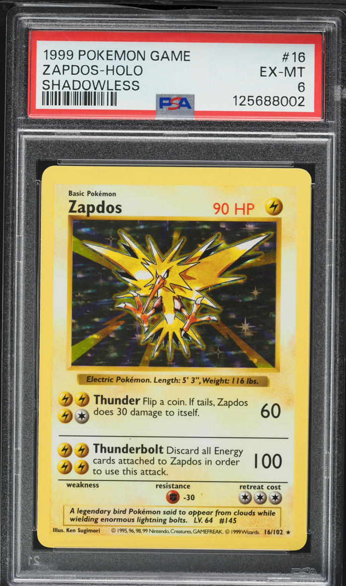 1999 Pokemon Base Set Shadowless Holo Zapdos #16 PSA 6 EXMT