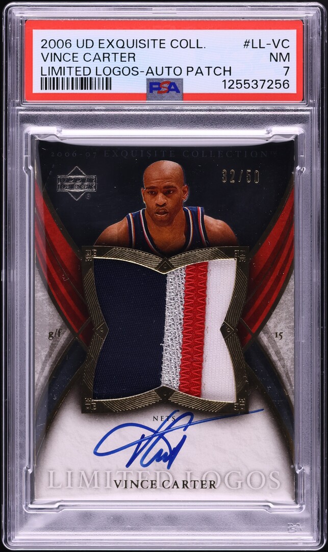 2006 Exquisite Collection Limited Logos Vince Carter PATCH AUTO /50 #LL-VC PSA 7 NRMT