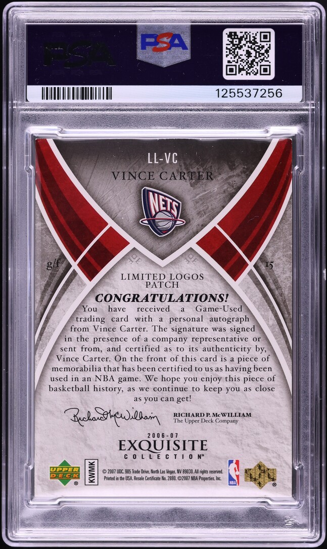 2006 Exquisite Collection Limited Logos Vince Carter PATCH AUTO /50 #LL-VC PSA 7 NRMT