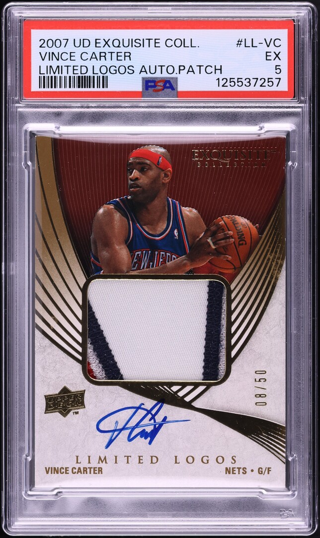 2007 Exquisite Collection Limited Logos Vince Carter PATCH AUTO /50 #LL-VC PSA 5 EX