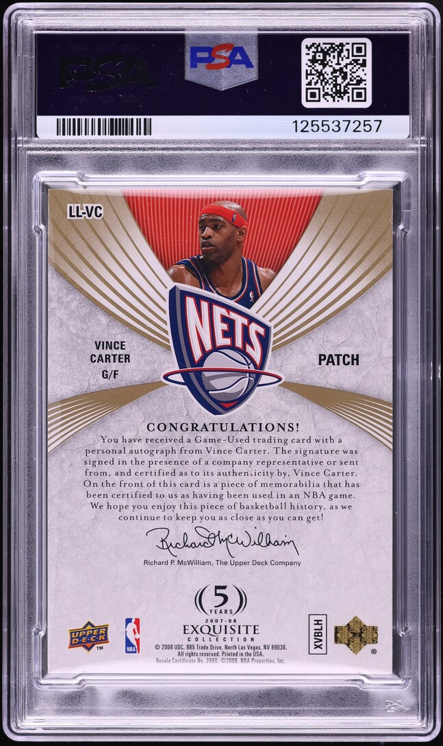 2007 Exquisite Collection Limited Logos Vince Carter PATCH AUTO /50 #LL-VC PSA 5 EX
