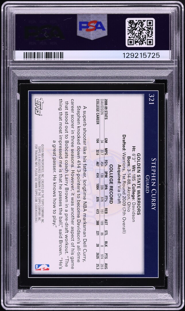 2009 Topps Basketball Stephen Curry ROOKIE #321 PSA 8 NM-MT