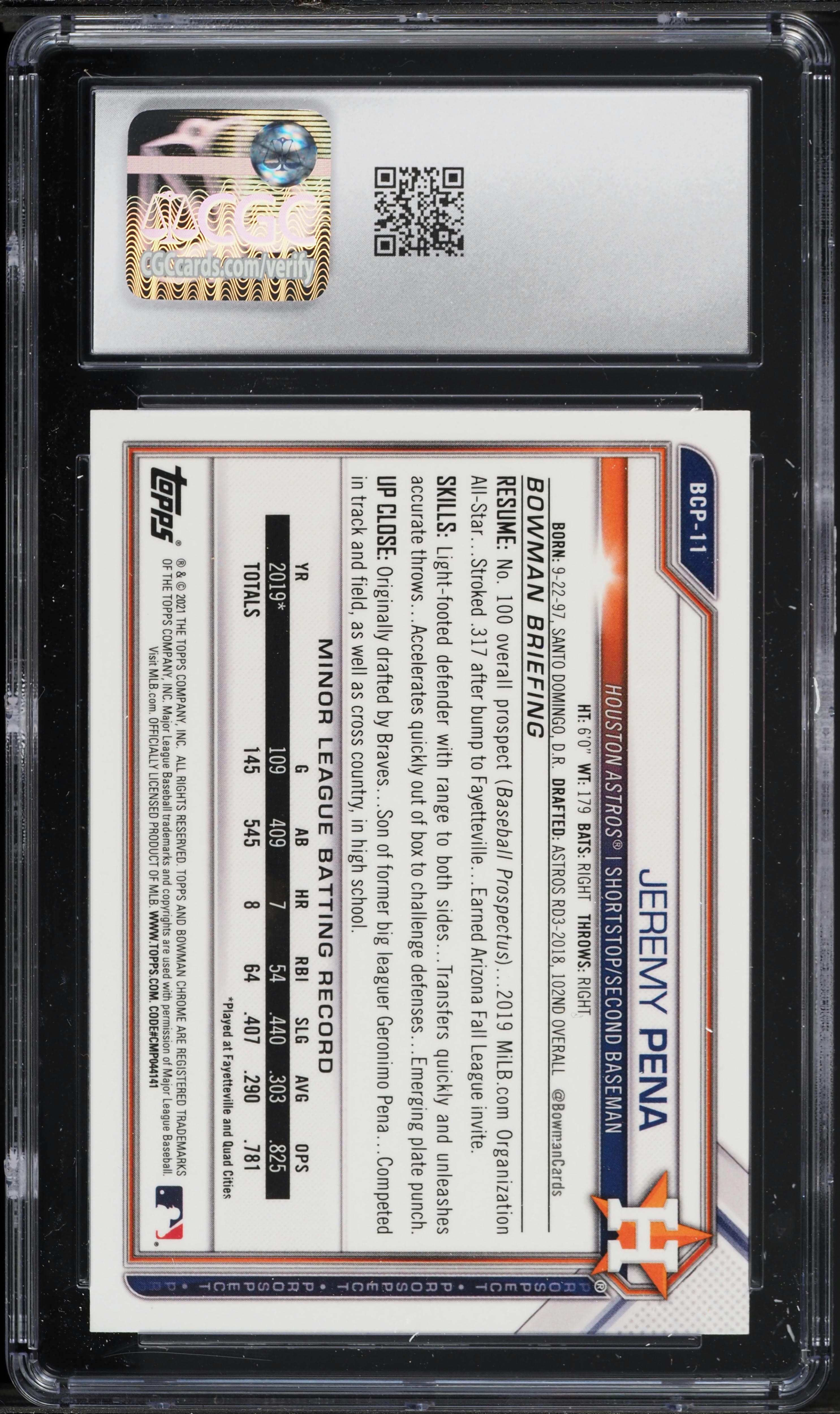 2021 Bowman Chrome Jeremy Pena PROSPECT #BCP-11 CGC 9.5 MINT+ on