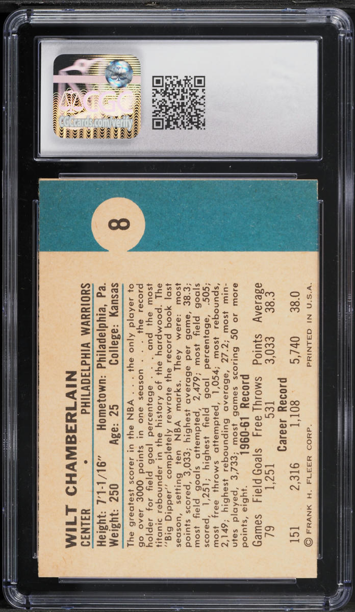 1961 Fleer Basketball Wilt Chamberlain ROOKIE #8 CGC 4 VGEX
