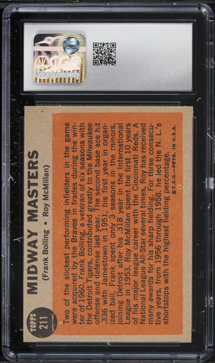 1962 Topps Frank Bolling Roy McMillan MIDWAY MASTERS #211 CGC 8 NM-MT