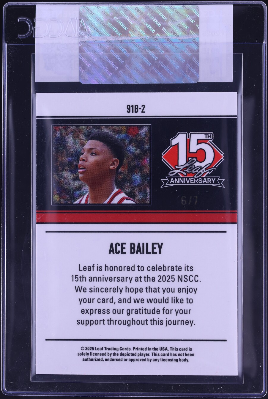 2025 Leaf 15th Anniversary '91 Purple Shimmer Ace Bailey ROOKIE /7 #91B-2 CGC AUTH