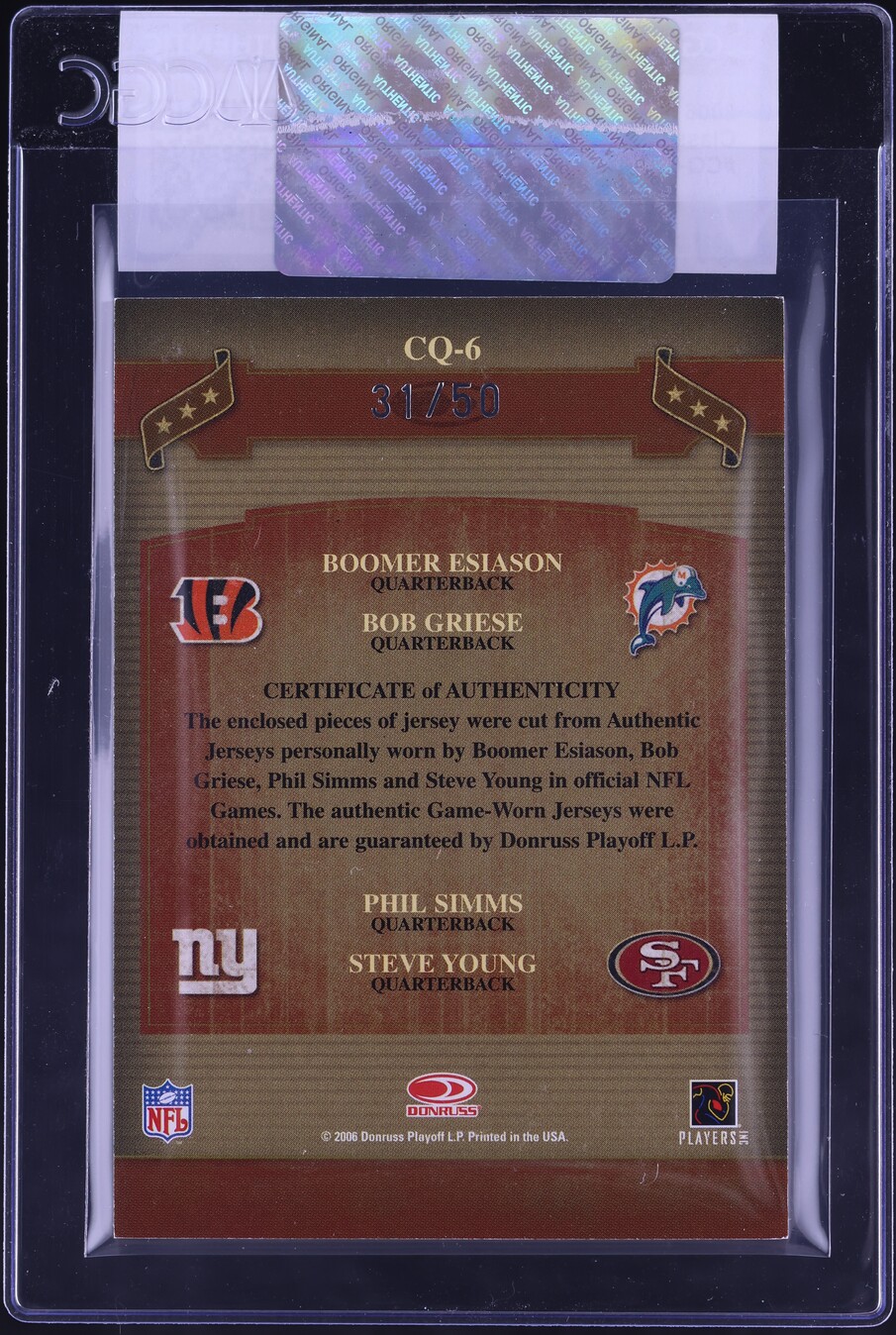 2006 Donruss Classics Quad Esiason Griese Simms Young PATCH /50 #CQ-6 CGC AUTH