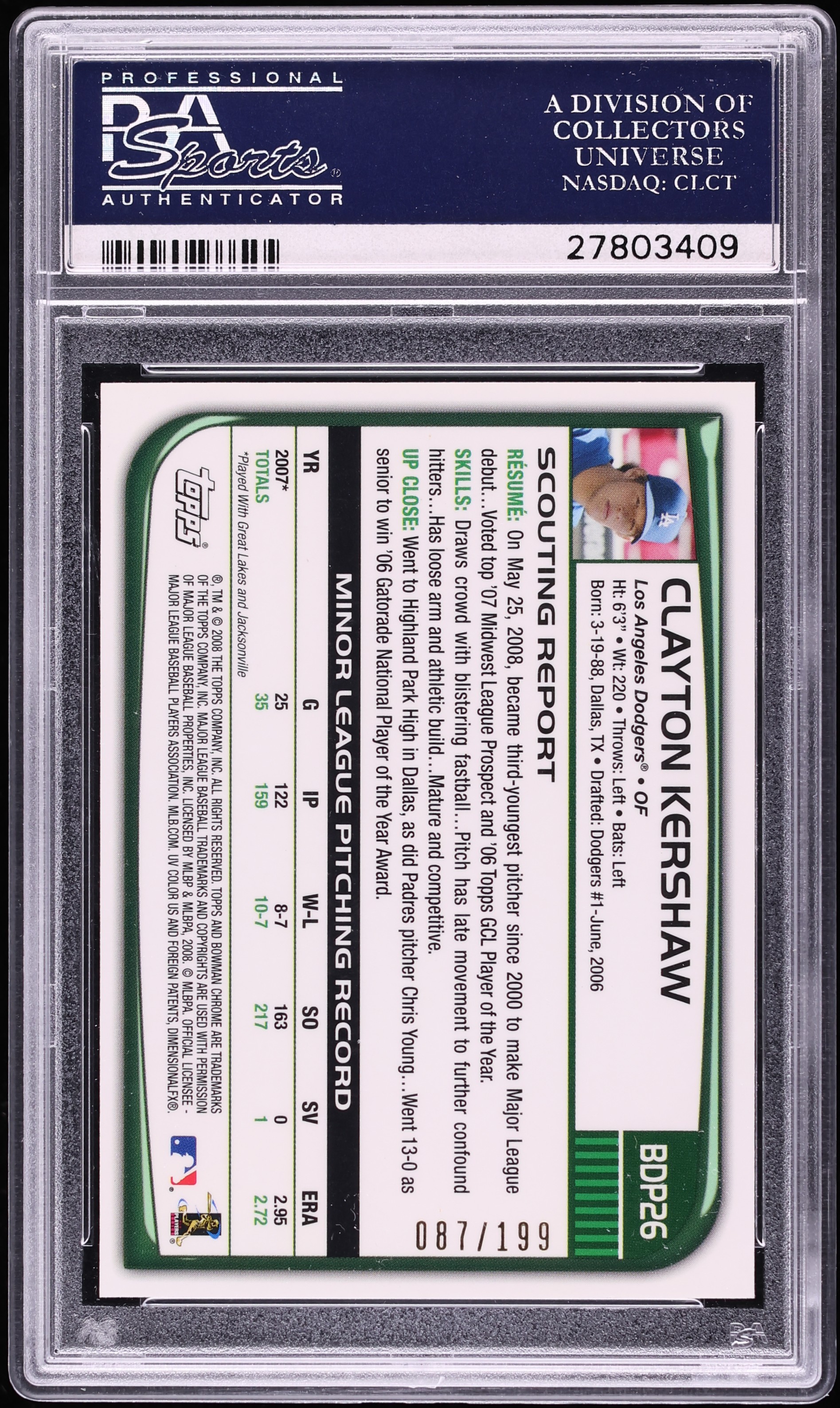 2008 Bowman Chrome Draft Xfractor Clayton Kershaw ROOKIE /199