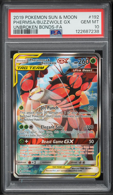 2019 Pokemon Sun & Moon Unbroken Bonds Full Art Pheromosa Buzzwole GX #192 PSA 10 GEM MINT