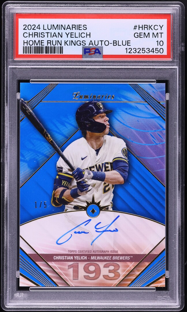2024 Topps Luminaries Home Run Kings Blue Christian Yelich AUTO 1/5 #HRK-CY PSA 10 GEM MINT