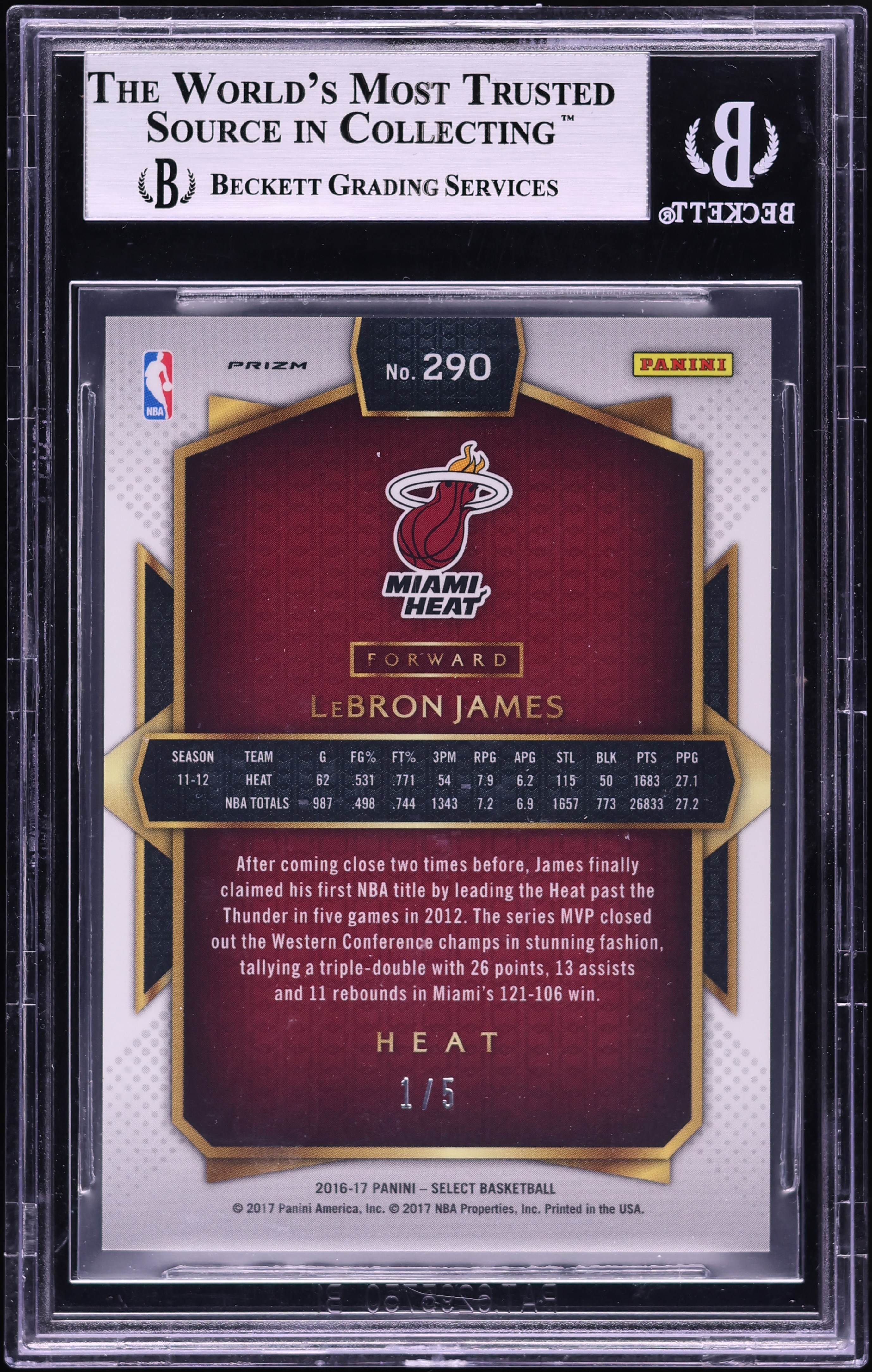 2016 Select Prizm Green LeBron James 1/5 #290 BGS 9 MINT on