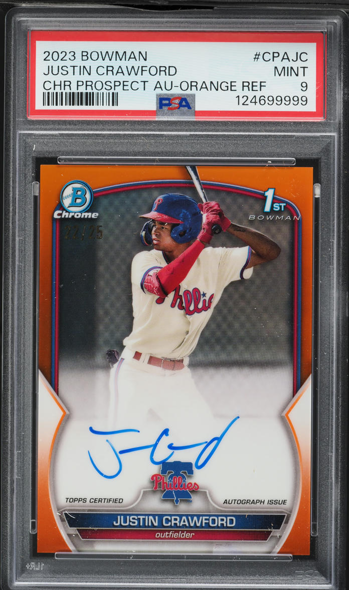 2023 Bowman Chrome Orange Refractor Justin Crawford PROSPECT AUTO /25 #CPA-JC PSA 9 MINT