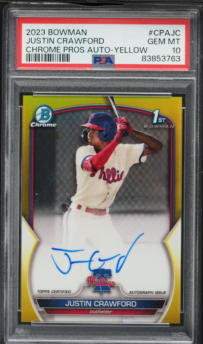 2023 Bowman Chrome Yellow Refractor Justin Crawford PROSPECT AUTO /75 #CPA-JC PSA 10 GEM MINT