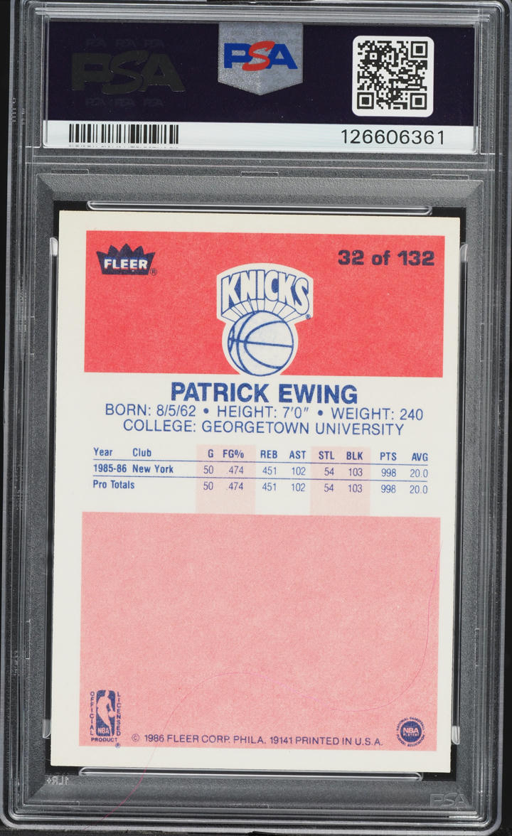 1986 Fleer Basketball Patrick Ewing ROOKIE #32 PSA 8 NM-MT