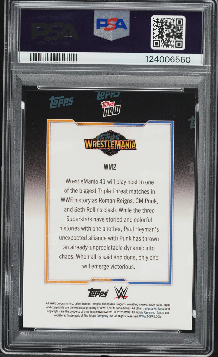 2025 Topps Now WWE Wrestlemania 41 Matchup Poster Rollins Reigns Punk #WM2 PSA 10 GEM MINT