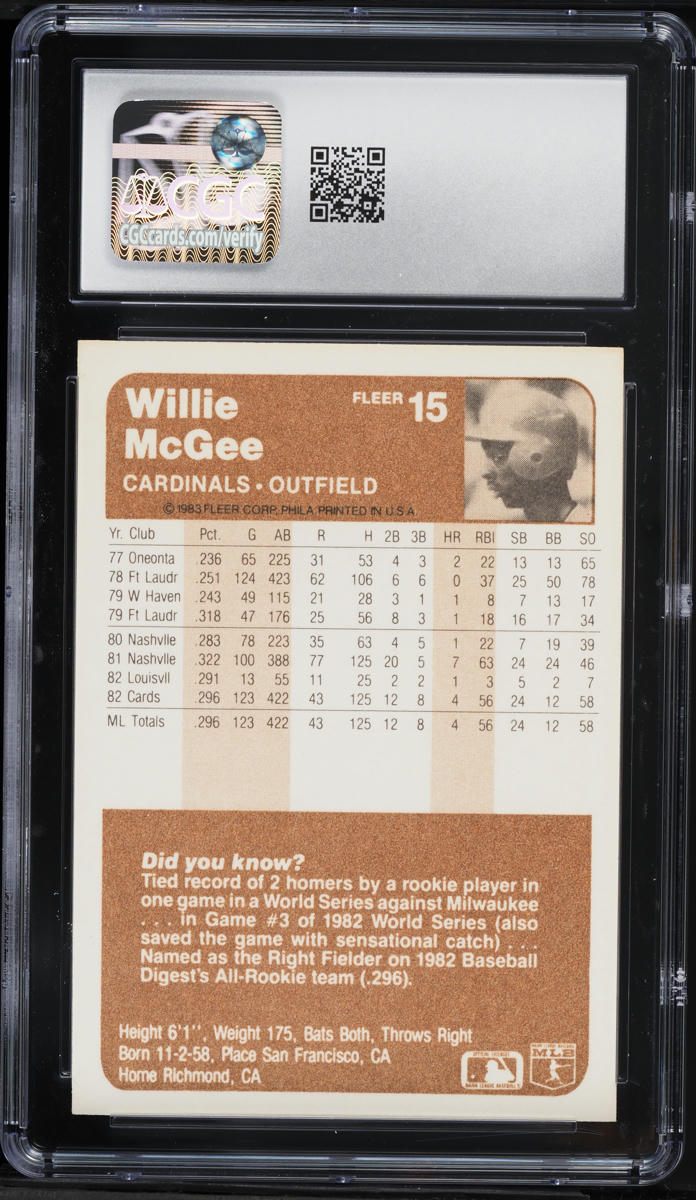 1983 Fleer Willie McGee ROOKIE #15 CGC 9 MINT