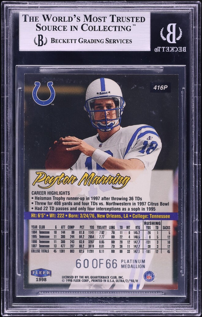 1998 Ultra Platinum Medallion Peyton Manning ROOKIE /66 #416P BGS 8.5 NM-MT+