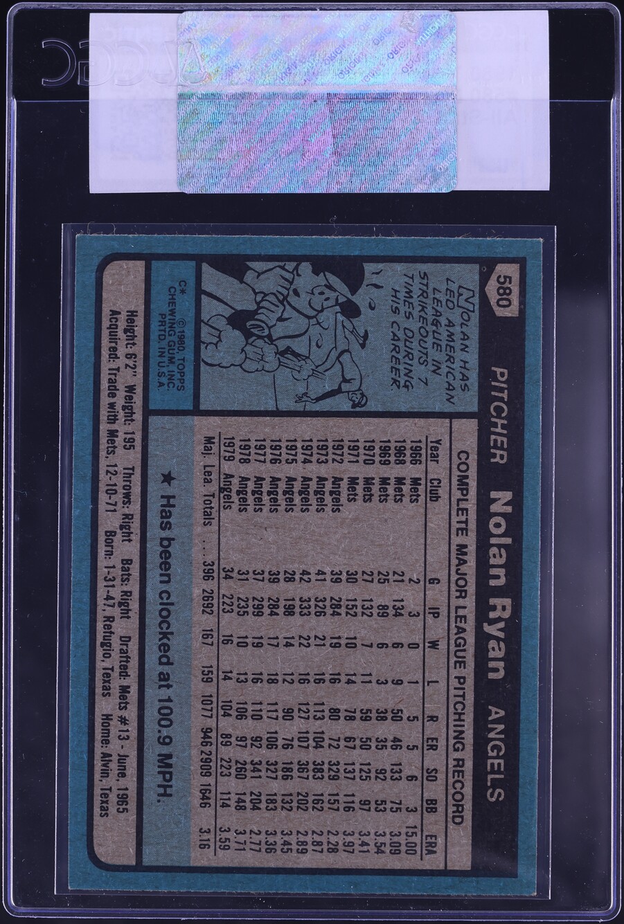 1980 Topps Nolan Ryan ALL-STAR #580 CGC AUTH