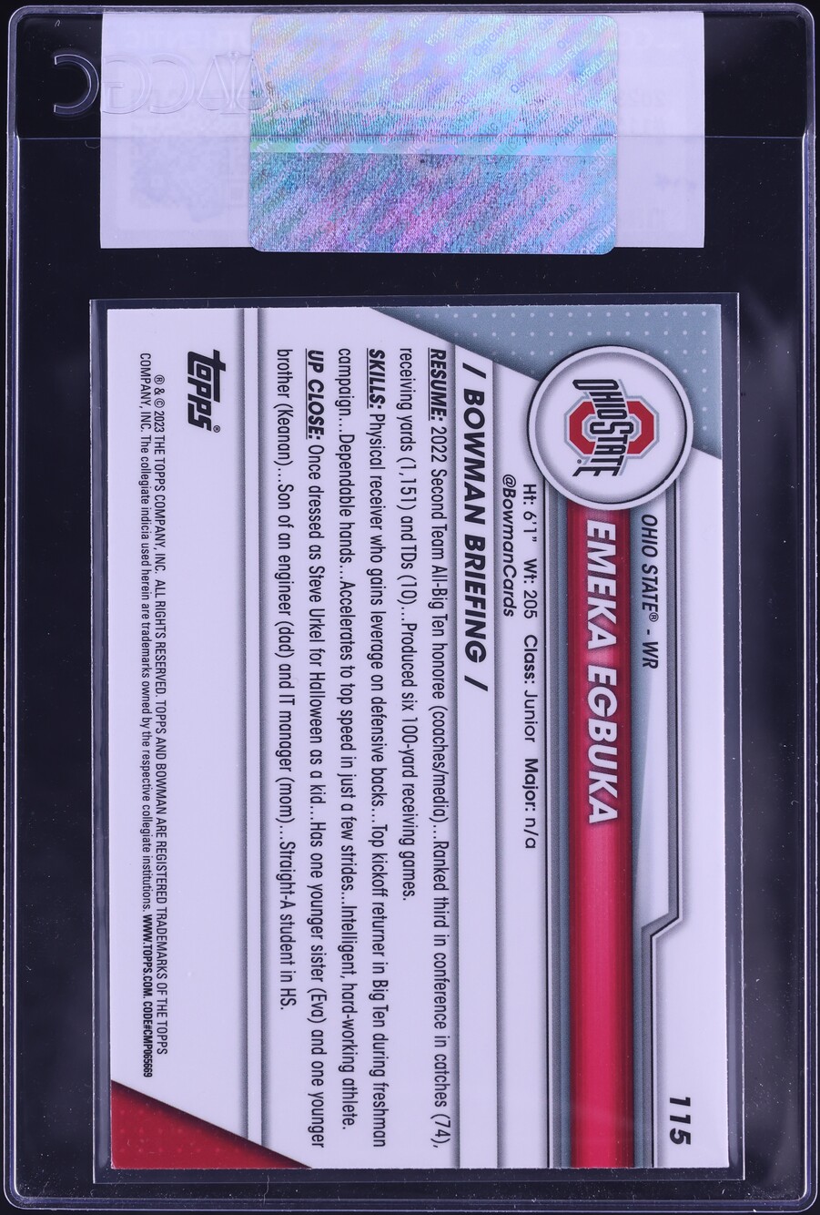 2023 Bowman University Chrome Emeka Egbuka ROOKIE #115 CGC AUTH