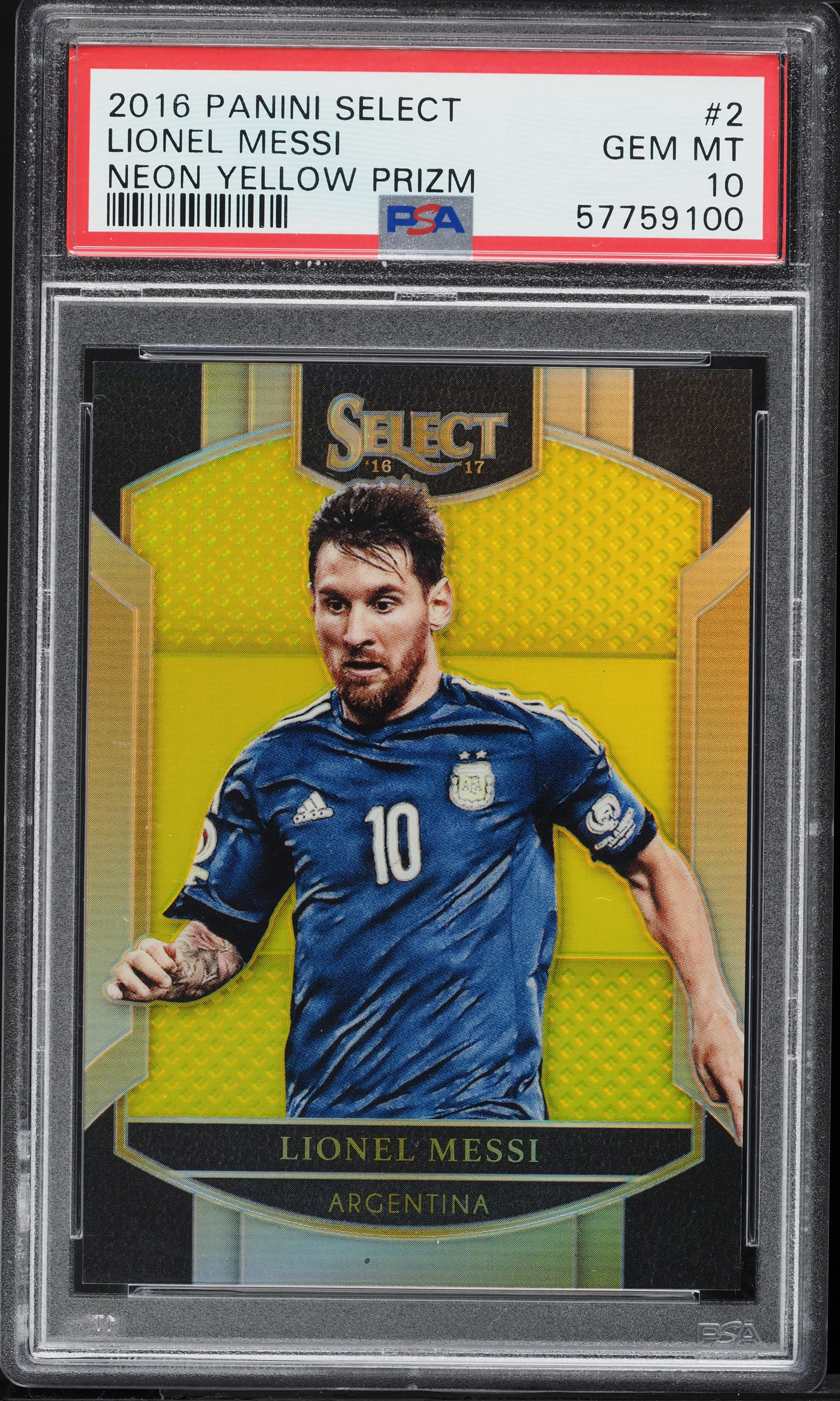 2016 Select Neon Yellow Prizm Lionel Messi /125 #2 PSA 10 GEM MINT